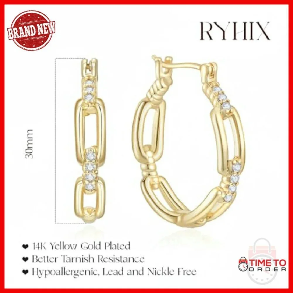 14K Gold Plated Hoop Earrings 30mm Cable Design Zircon Accent